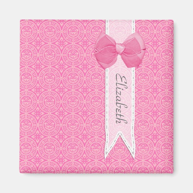 Imán Bonito Medallero Rosa Damask Cute Bow Con Nombre (Frente)