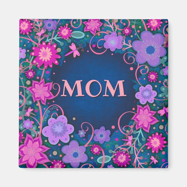 Imán Bonito Púrpura Rosa Whimsical Floral Fun Mom (Frente)