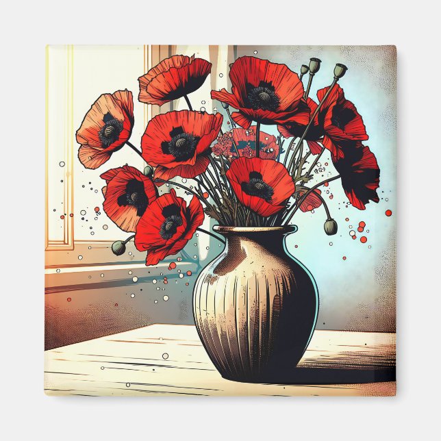Imán Bonito Vase de arte de los Poppies Rojos (Frente)