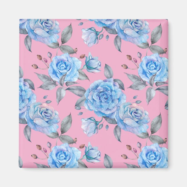 Imán Bonitos rosas azules, fondo rosa pastel, (Frente)