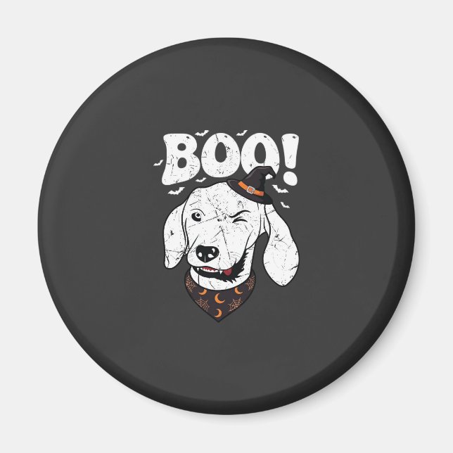 Imán Boo Halloween Perro Bruja Sombrero Murciélagos (Frente)