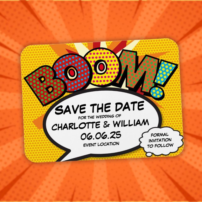 Imán BOOM Guarda la Fecha Divertido Cómic Moderno (BOOM Save the Date Fun Comic Book Modern Magnet)
