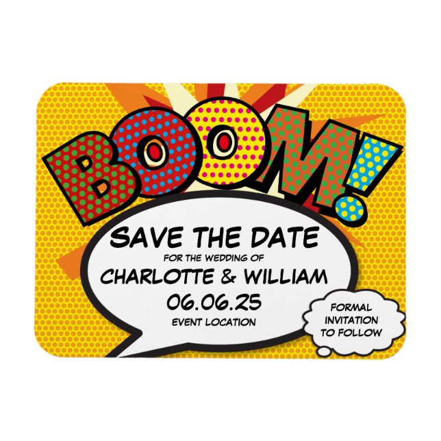 Imán BOOM Save the Date Fun Comic Book Modern (Horizontal)