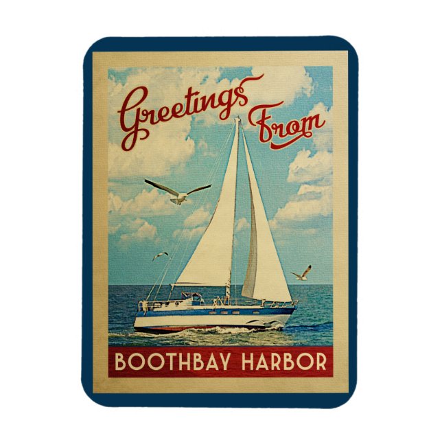 Imán Boothbay Harbour Sailboat Vintage Travel Maine (Vertical)