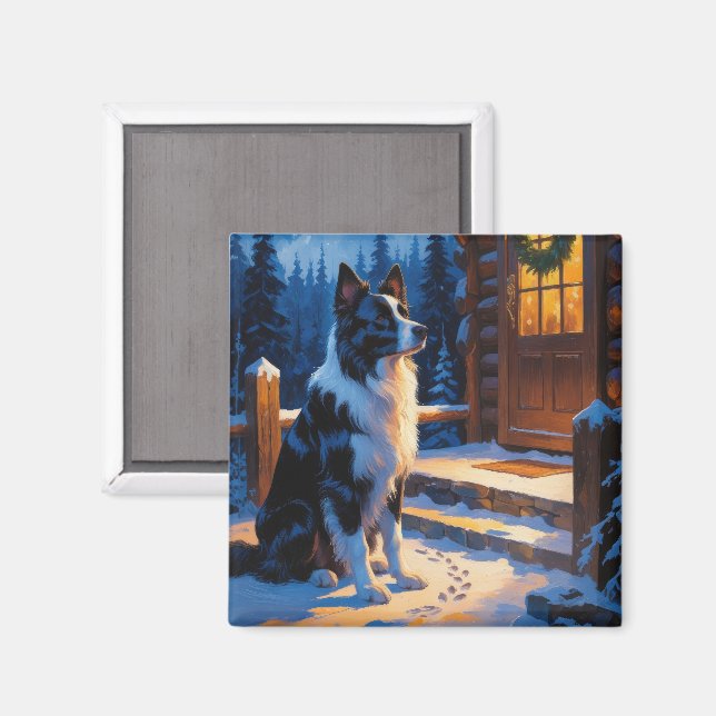 Imán Border Collie Con Luces De Navidad Fiesta (Anverso/Reverso)