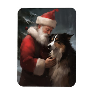 Imán Border Collie con Santa Claus Festivo de Navidad