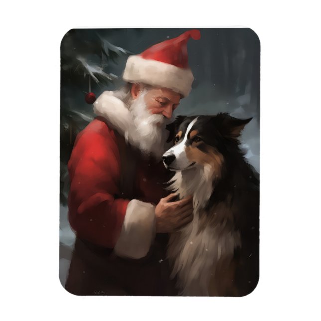 Imán Border Collie con Santa Claus Festivo de Navidad (Vertical)