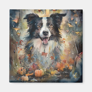 Imán Border Collie de Halloween con calabazas espeluzna