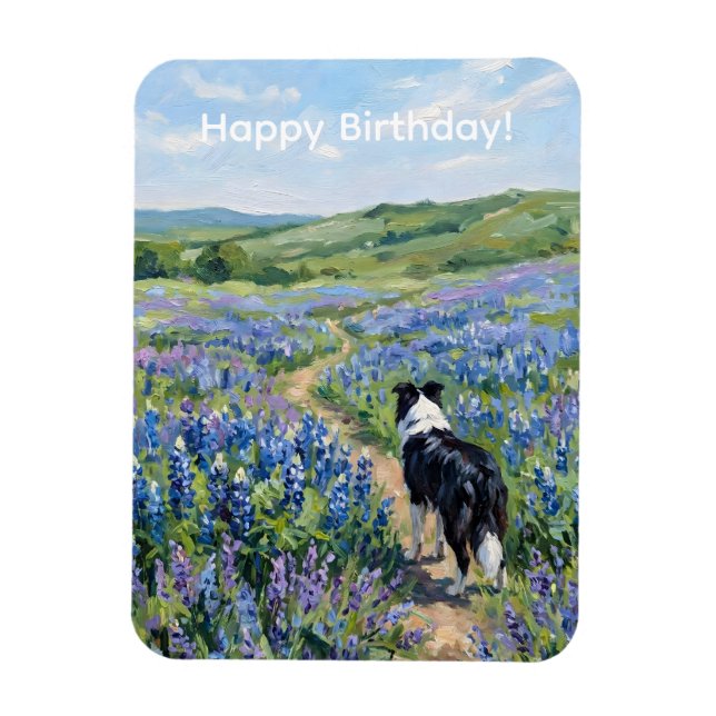 Imán Border Collie en Flores Purpura  (Vertical)