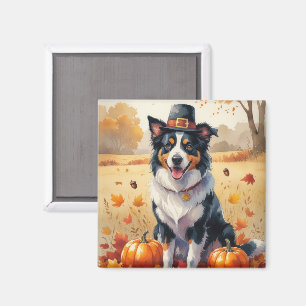 Imán Border Collie en Hojas de Otoño Arte de Acción de 