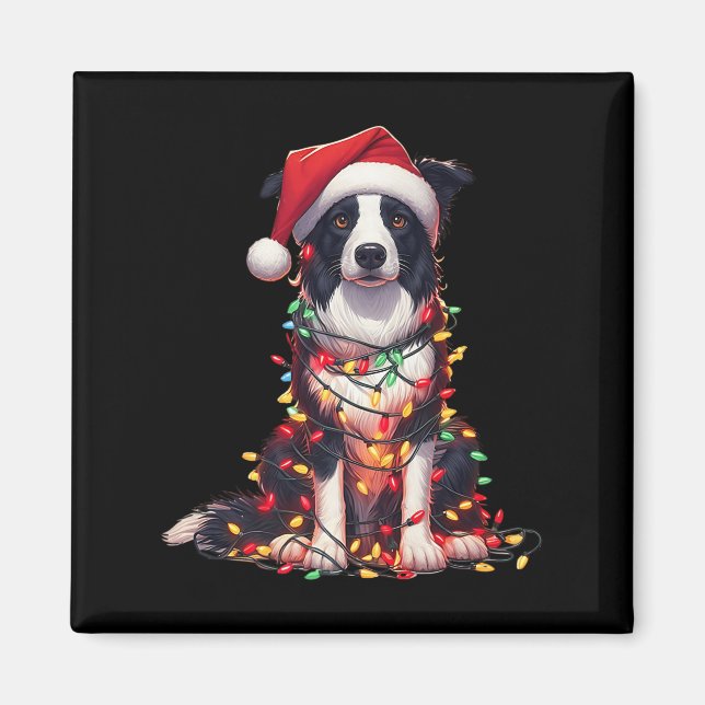 Imán Border Collie Perro Luces de Navidad Sombrero de S (Frente)