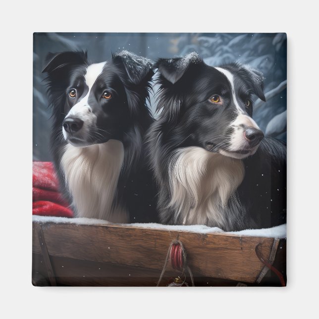 Imán Border Collie Snowy Sleigh Decoración de Navidad (Frente)