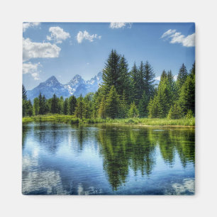 Imán Bosque brillante con la montaña y el lago