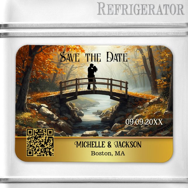 Imán Bosque de Otoño Romántico Guardar la Fecha (Save the Date magnet featuring a painting of a couple on a bridge in a fall forest - with QR code)