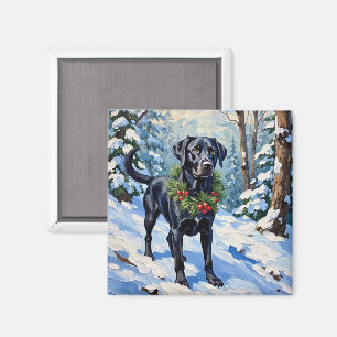 Imán Bosque Sereno de Navidad Invernal con Labrador Neg