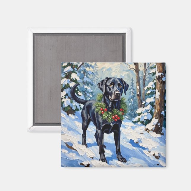 Imán Bosque Sereno de Navidad Invernal con Labrador Neg (Anverso/Reverso)