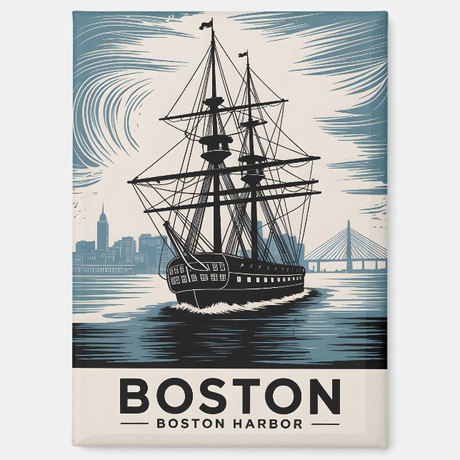 Imán Boston Harbour Retro Ilustracion Tall Ship Classic (Anverso)