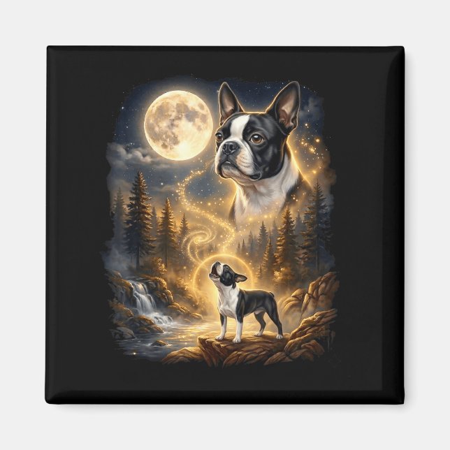 Imán Boston terrier aullando a la luna retro  (Frente)