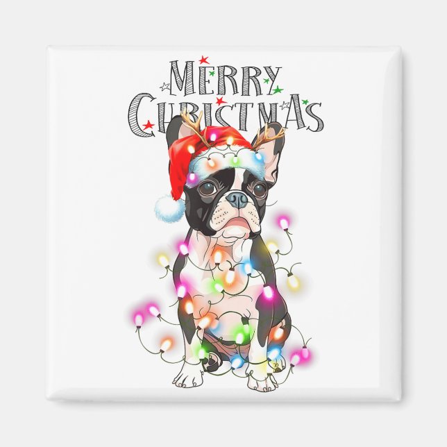 Imán Boston Terrier Christmas Lights Xmas Dog  (Frente)