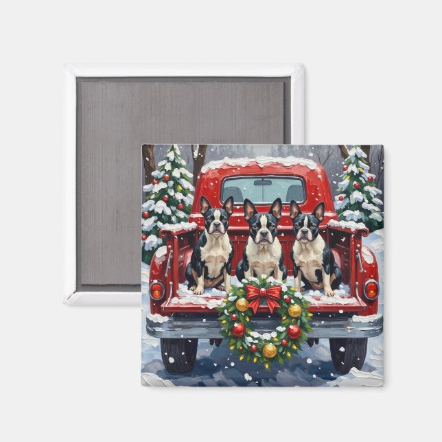 Imán Boston Terrier Christmas Red Truck Holiday (Anverso/Reverso)