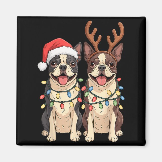 Imán Boston Terrier Christmas Santa Hat Reindeer Lights (Frente)