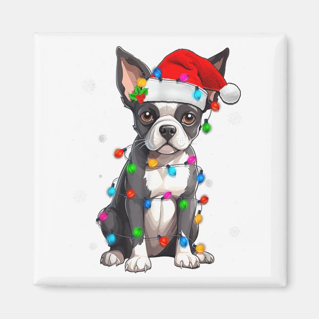 Imán Boston Terrier Christmas Santa Hat Tree Lights Paj (Frente)