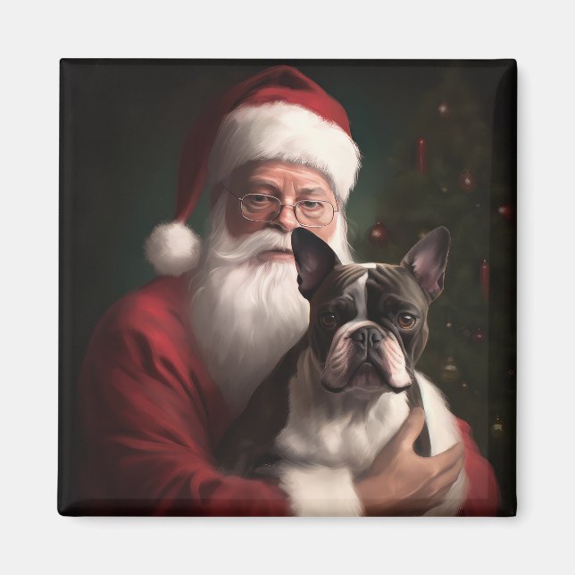 Imán Boston Terrier con Navidades festivos de Santa Cla (Frente)