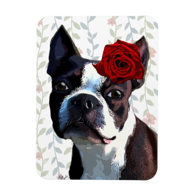 Imán Boston Terrier con Rosa en la cabeza 2 (Vertical)