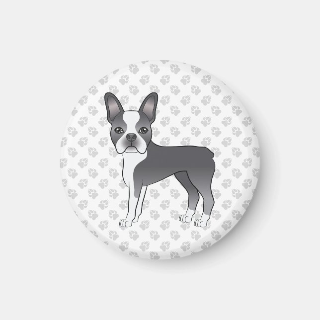 Imán Boston Terrier de dibujos animados azul y blanco & (Frente)