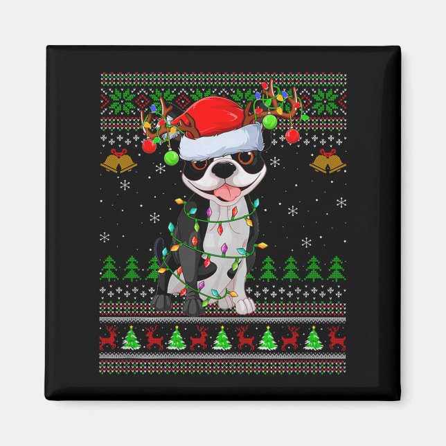 Imán Boston Terrier Dog Ugly Christmas Sweater Holiday  (Frente)