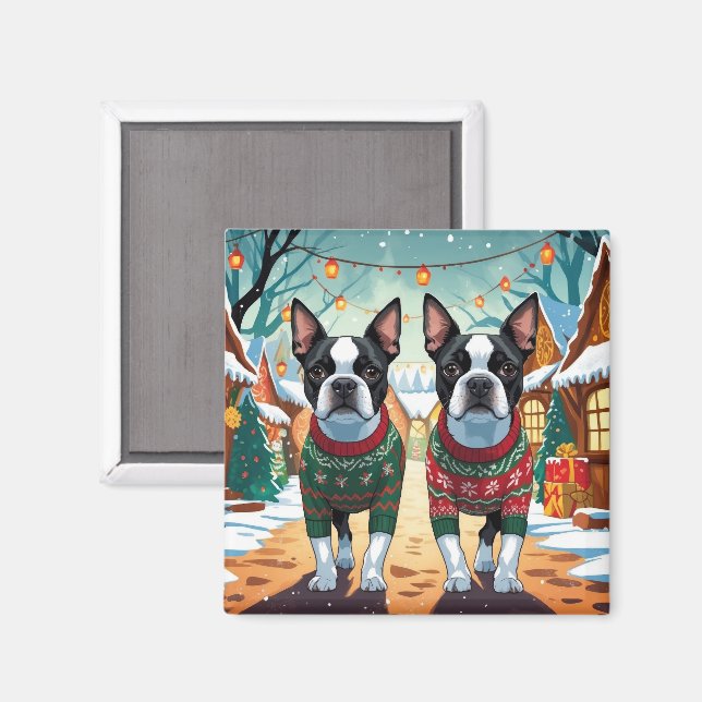 Imán Boston Terrier Dogs Christmas Snow Holiday (Anverso/Reverso)
