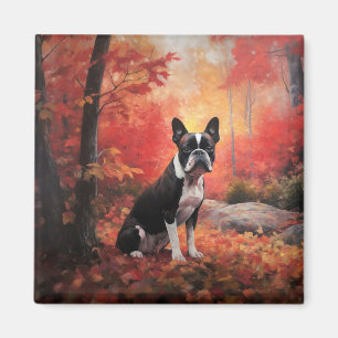 Imán Boston Terrier en hojas de otoño caídas Inspira 