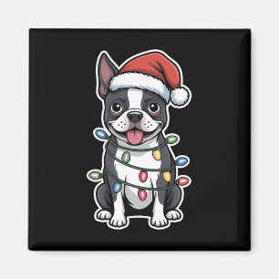 Imán Boston Terrier Envuelto En Luces De Navidades