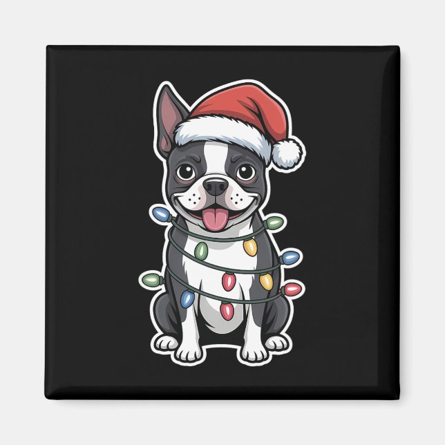 Imán Boston Terrier Envuelto En Luces De Navidades (Frente)