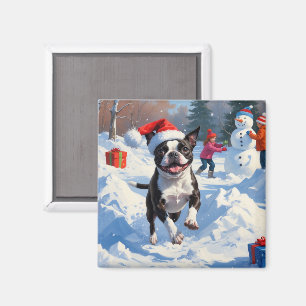 Imán Boston Terrier  Escena Navideña Festiva de Nieve