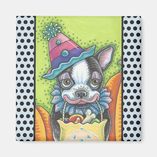 Imán BOSTON TERRIER HALLOWEEN CLOWN, DOG MAGNET Square (Frente)