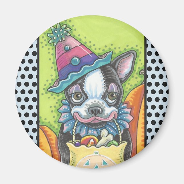 Imán BOSTON TERRIER HALLOWEEN COLOWN, DOG MAGNET Round (Frente)