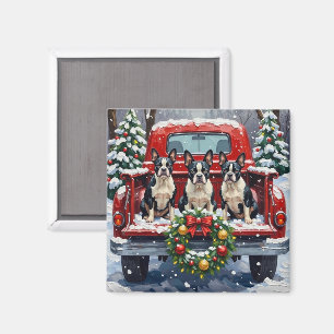 Imán Boston Terrier Navidad Camión Rojo Fiesta