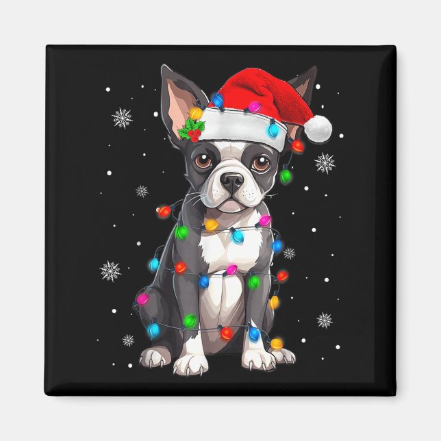 Imán Boston Terrier Navidad Sombrero de Santa  (Frente)