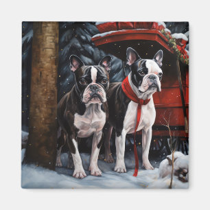 Imán Boston Terrier Nevado Trineo Decoración de Navidad