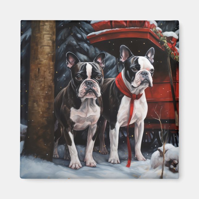 Imán Boston Terrier Nevado Trineo Decoración de Navidad (Frente)