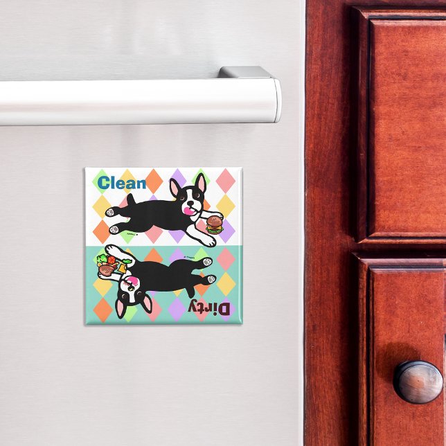 Imán Boston Terrier Personalizado Sucio / Limpio (Cute Boston Terrier Cartoon Dishwasher Magnet.  Diamond shaped pattern background.)