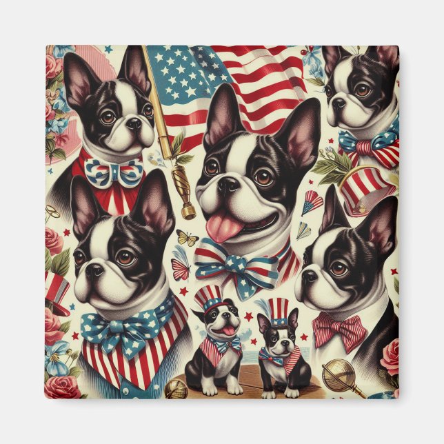 Imán Boston Terrier Vintage Seamless Ilustracion (Frente)