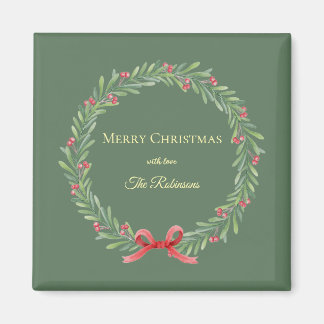 Imán Botanical Christmas Wreath Modern Script