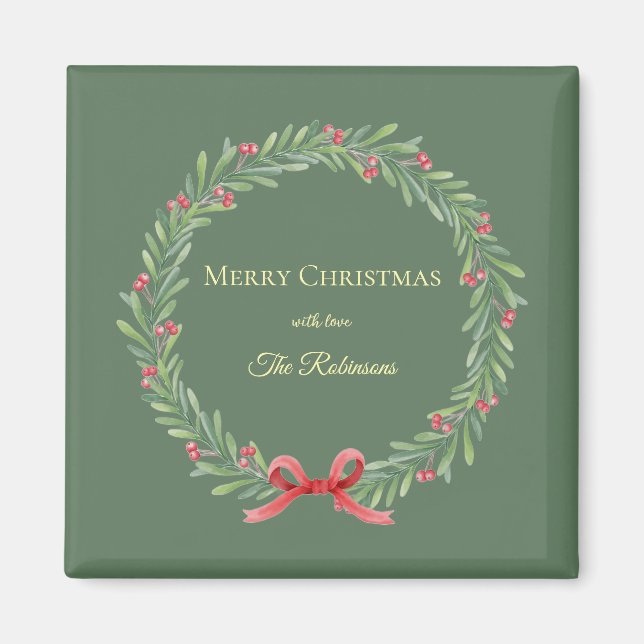 Imán Botanical Christmas Wreath Modern Script (Frente)