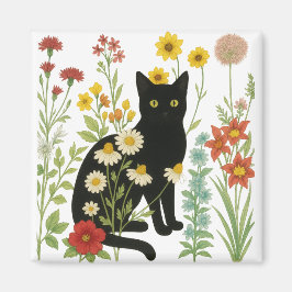 Imán  Botanical Nature – Black Cat in Wildflower Garden