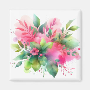 Imán Botánico Floral Acuarela Rosa Verde