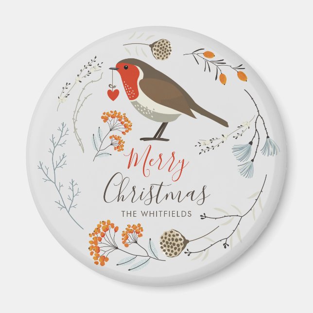 Imán Botánico personalizado Robin Bird Navidad botánica (Frente)