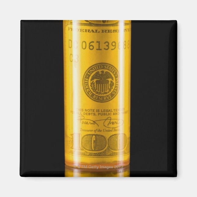 Imán Botella de receta con billete de cien dólares (Frente)