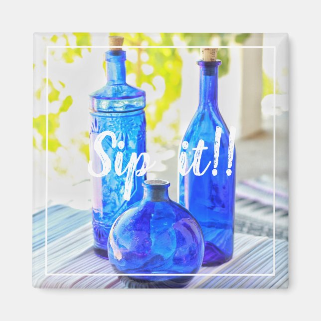 Imán Botellas de vidrio azul estilizadas Sip it Magnet (Frente)